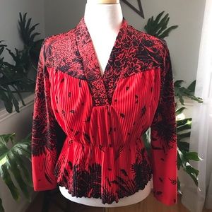 Vintage 1950s Red Black Floral Pleated Blouse